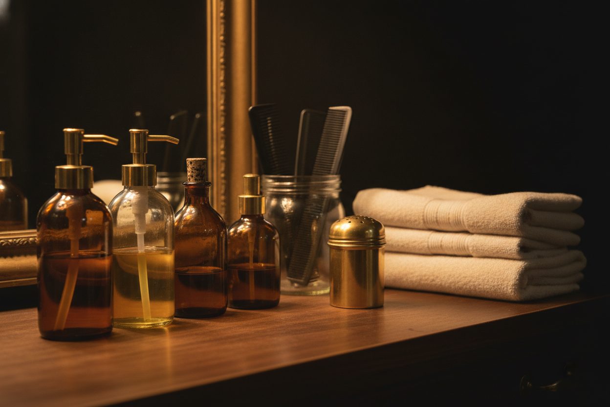 Tonic bottles, combs in a jar and folded towels along a walnut counter