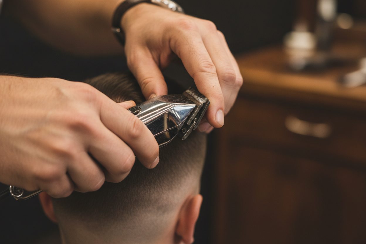 A barber's hands running clippers through a fade at the back of the head