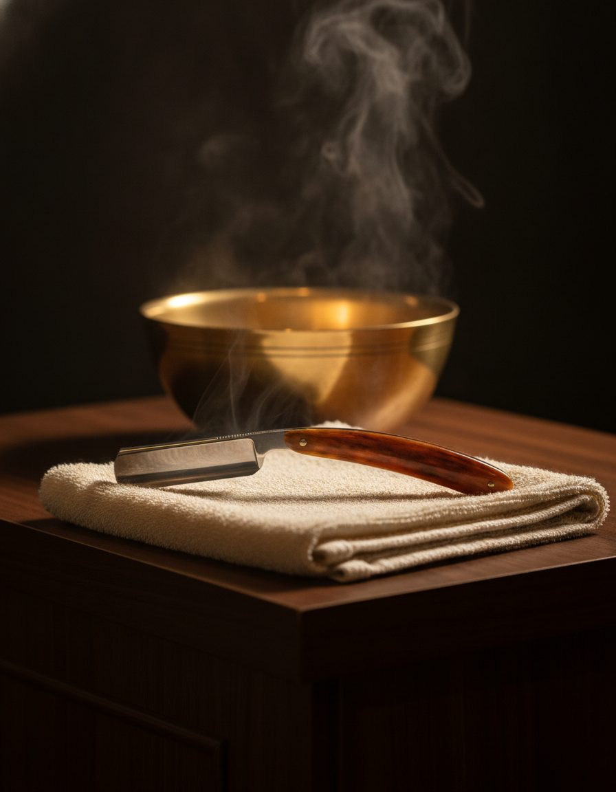 A straight razor resting on a folded towel beside a steaming brass bowl