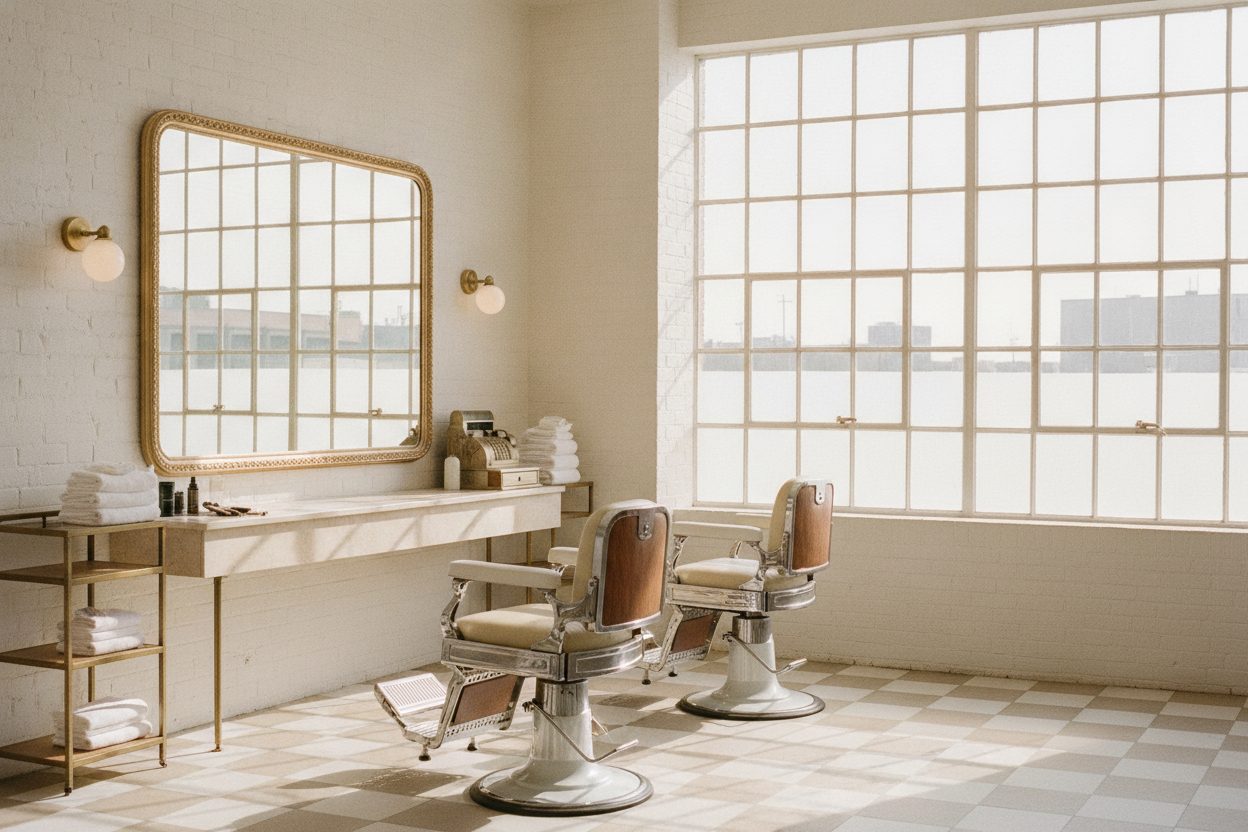 A bright barbershop floor with two chrome and walnut chairs beside tall daylight windows