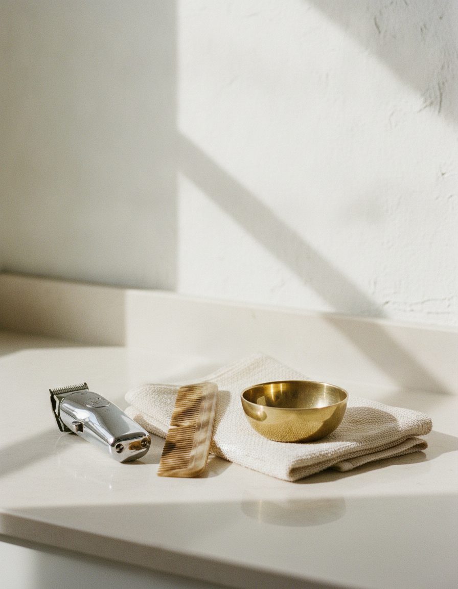 Clippers, horn comb, folded towel and a brass bowl in morning light